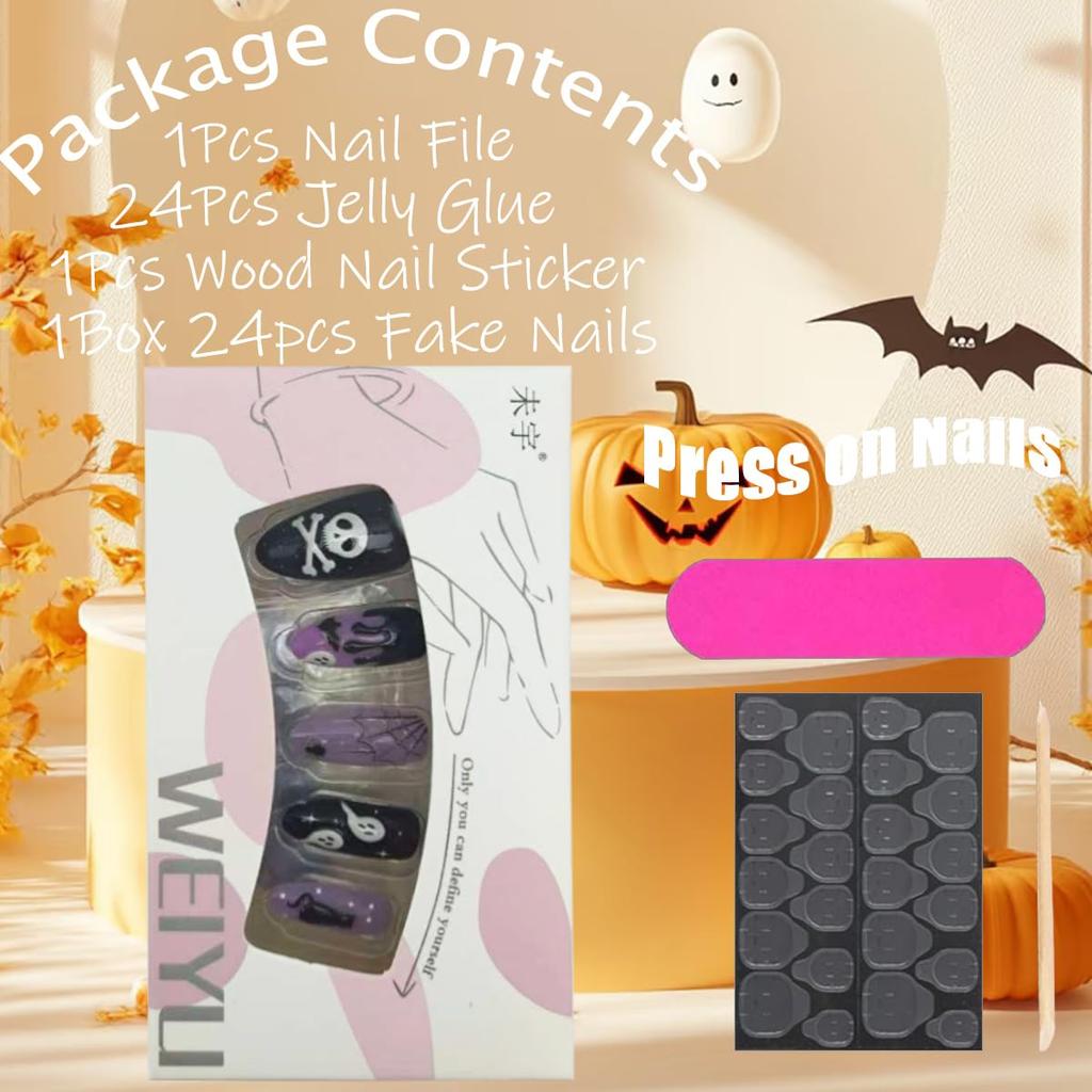 Short Almond Press on Nails Halloween Fake Nails Gothic Bat Acrylic Nail Cute Ghost False Nail with Purple Glitter Design Goth Halloween Nails Press