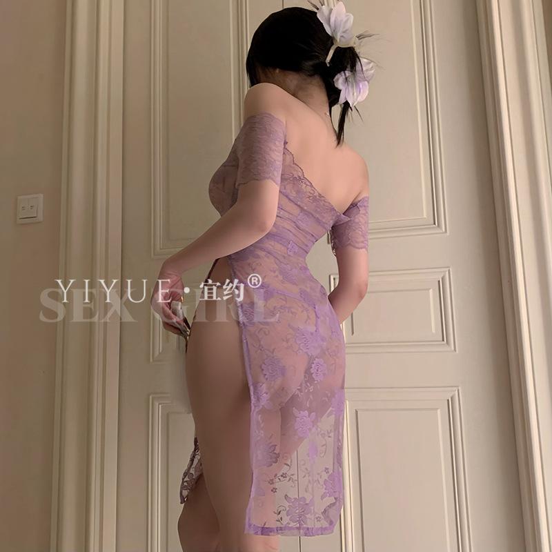 Erotic Underwear, Sexy and Pure Desire, Lace Seduction, Slit Long Dress, See-through, Revealing Buttocks, No-take Off Uniform Pajamas, 1170