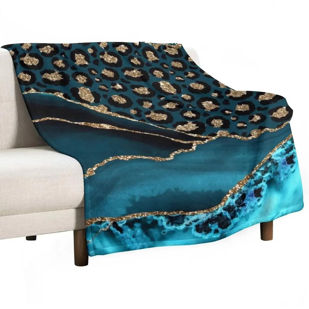 Teal & Gold Leopard Agate Throw Blanket Thermals For Travel Stuffeds Flannels Heavy To Sleep Blankets Ands Polar Blankets