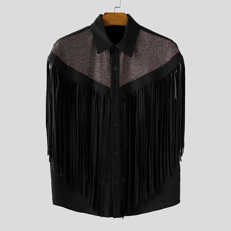 INCERUN Men Short Sleeve Glitter Tassel Patchwork Buttons Casual Tops T-shirts