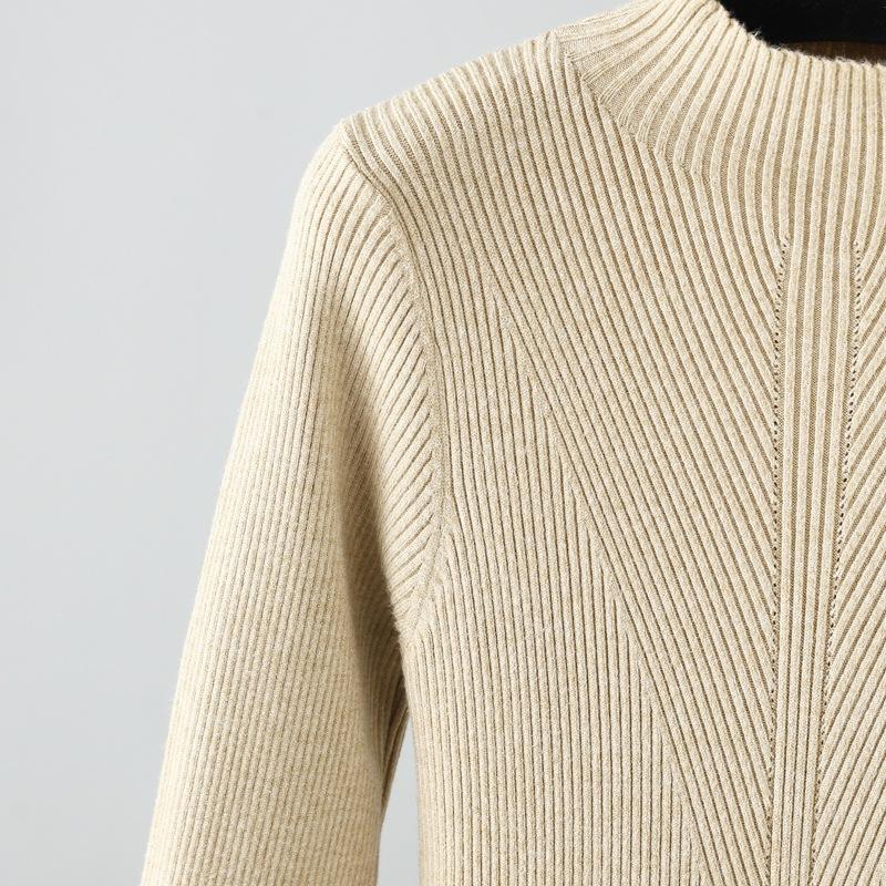 Women Autumn Winter High Neck Solid Color Long Sleeve High Waist Thicken Pleated Knitted Sweater Dress