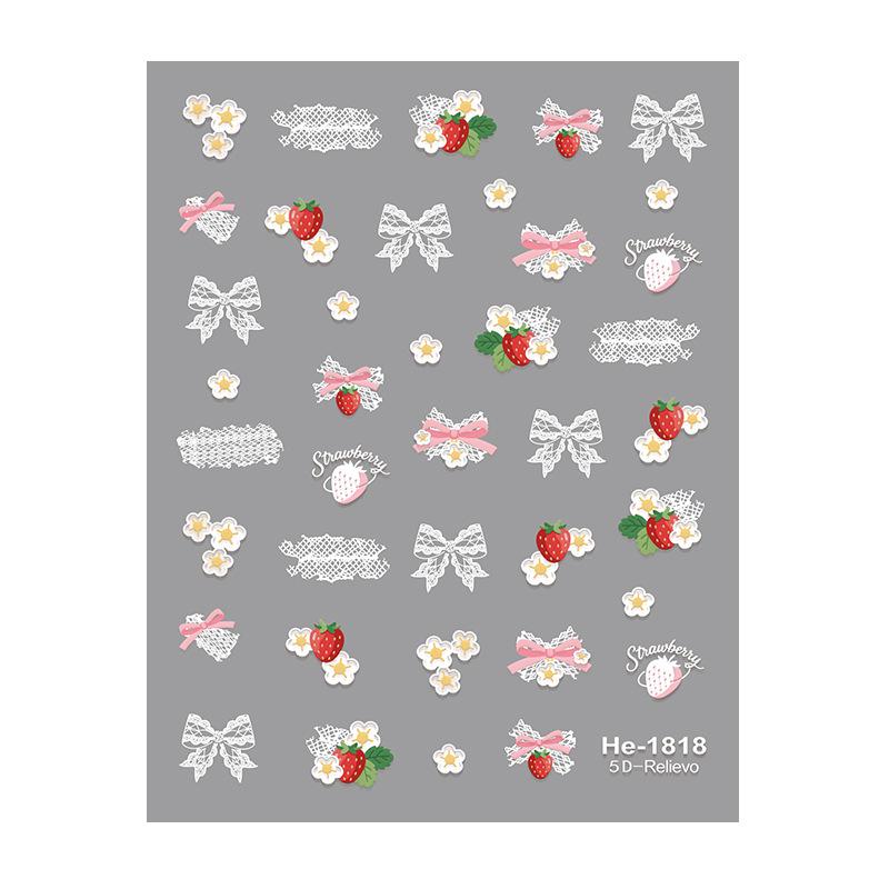 Redanco 5D Embossed Nail Stickers: Thin Gauze Bow & Strawberry 3D Decals (He1818) HE1818 Size Variant
