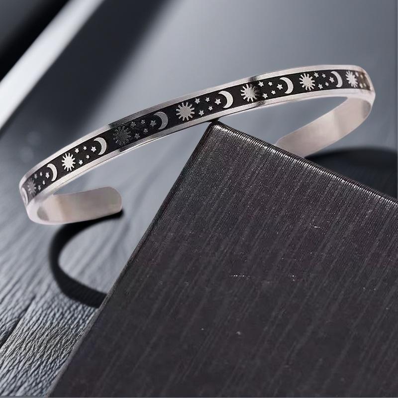 Stainless Steel C-shaped Open Bracelet Sun Moon Star Element Open Silver Bracelet In Stock Wholesale