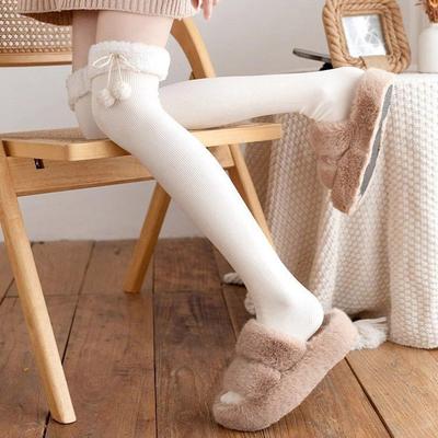 Winter Dames Kousen Warm Wol Kasjmier Dijhoog Sok Koreaanse Lolita Zoet Meisje Schattig Pompon Boven de Knie Lange Sokken