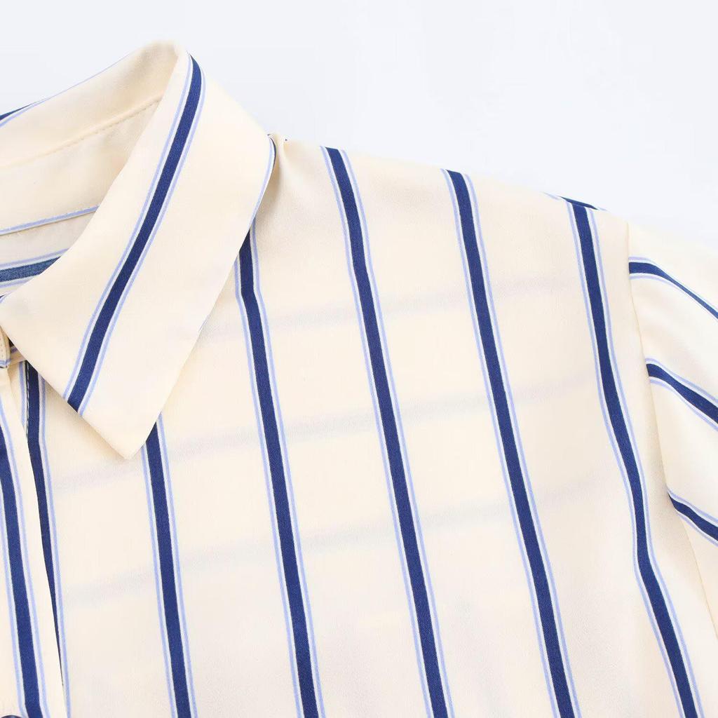 2025 Spring Women's Versatile Striped Wide-Sleeve Shirt with Turn-Down Collar