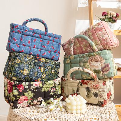 Quilted Floral Storage Basket Fabric Foldable Storage Tote with Handles Boho Collapsible Basket for Nursery Toys Towels Clothes Storage