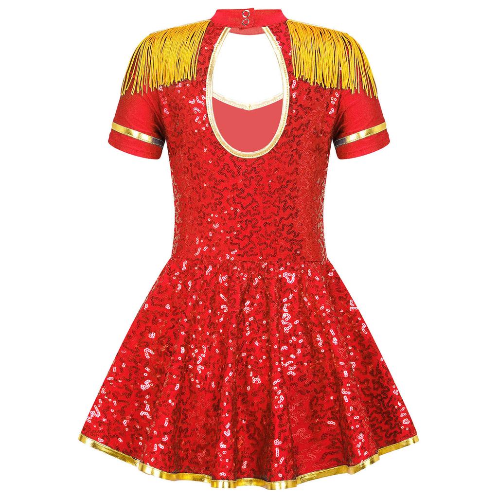 Mädchen Ehrengarde Zirkuskleid Kostüme Glänzende Pailletten Goldene Quasten Epauletten Eingebauter Slip Bühnenkleidung