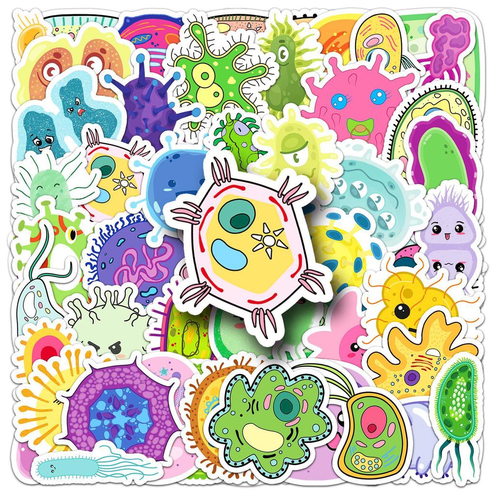 50 Microbial Graffiti Stickers: Cute Cartoon Decor for Journals, Water Bottles, and Phone Cases