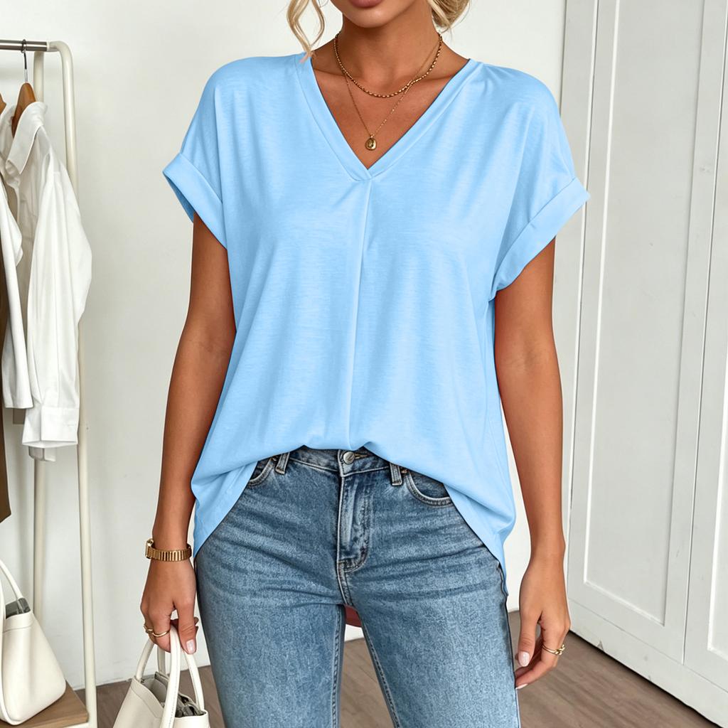 Women's Summer Short Sleeve Top V Neck Back Pleated Detail Lightweight Blouse Casual Loose Fit Shirt for Daily Wear