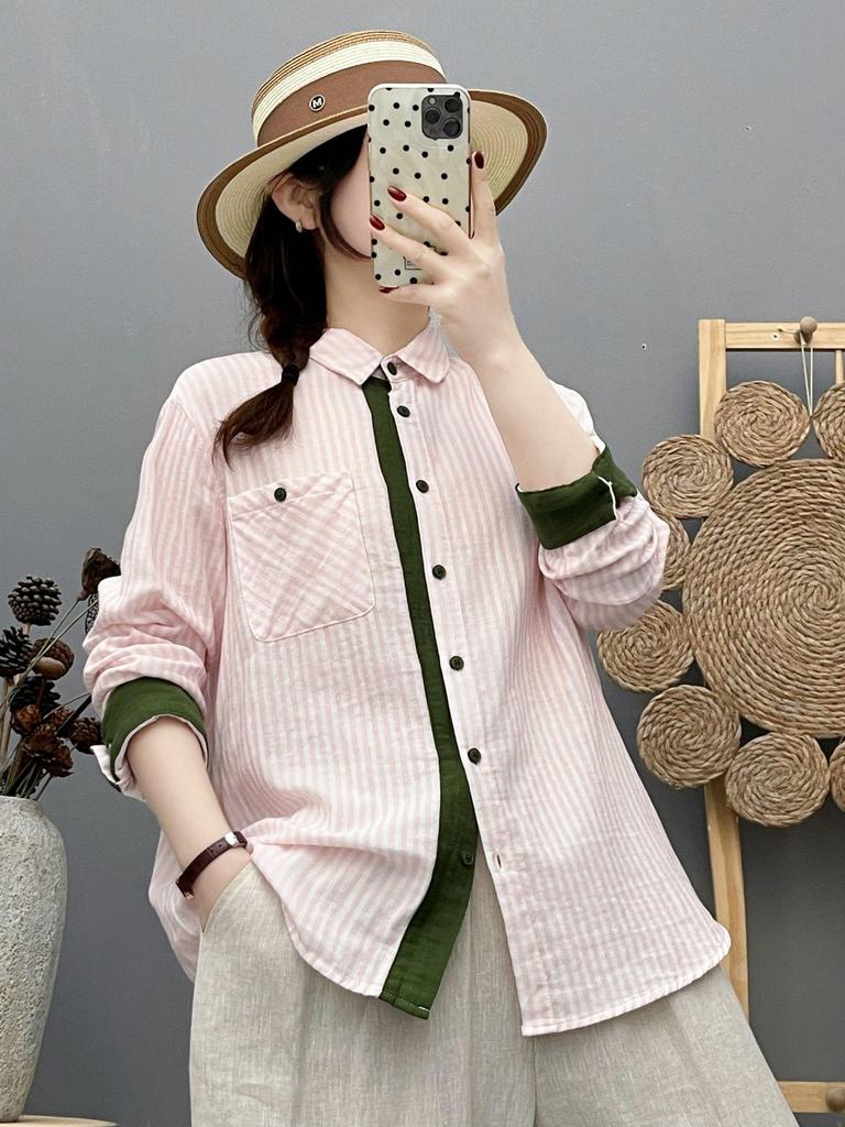 Women's French Retro Vertical Stripe Shirt - Double Layer Cotton Gauze, Long Sleeve, Spring/Autumn 2026