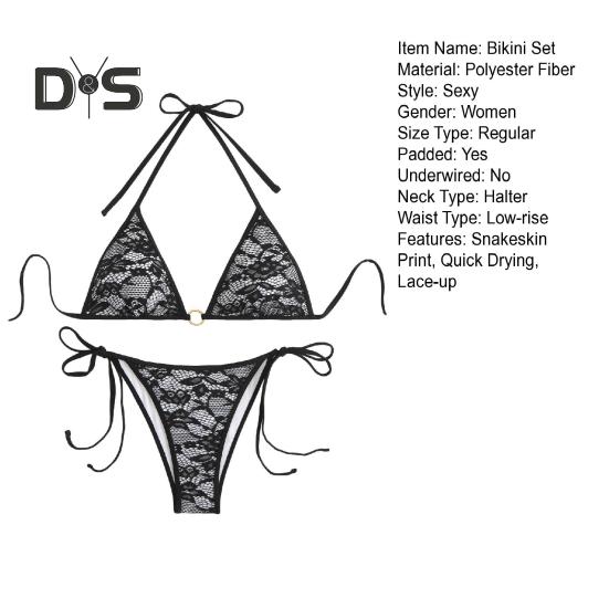 2 stk/sett Dame Bikini Sett Halter Badebukse med Sløyfe Snøring Lav midje Svømmebukser Sett Slangeskinnmønster Delt Design Strandklær