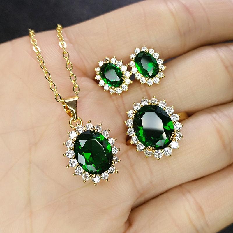 2026 Jewelry Set Emerald, Jewelry Three-piece Sunflower Green Crystal Set Female Resizable