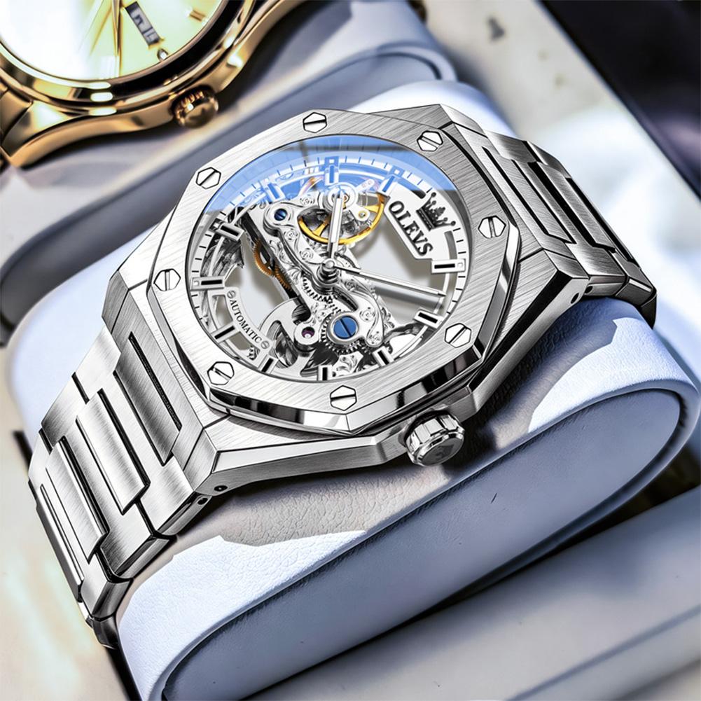 OLEVS Luxury Octagonal Skeleton Automatic Watch for Men Stainless Steel Band Hollow Mechanical Sport Self-winding Male Clock