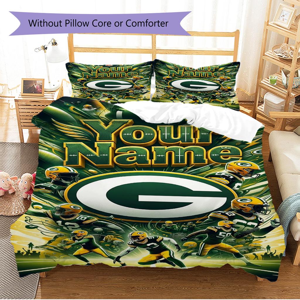 Name Custom Green Bay Packers Logo Pattern Bedding Set Quilt Cover Pillowcase Home Decor Gift (1 * duvet cover + 2 * pillowcase, without core)