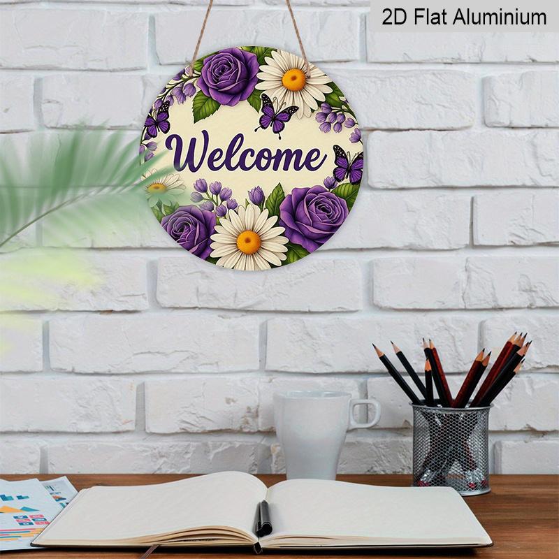 2D Flat 1pc, 8x8 In Printed Artwork, Welcome Wreath Butterfly Round Aluminum Metal Sign, Wall Home Room Farmhouse Home Street, Shop, Garage, Farm