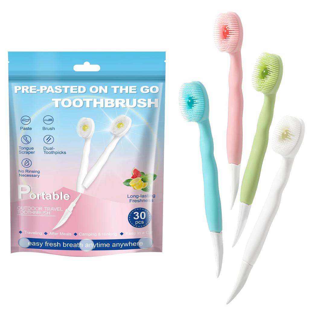 5-in-1 Portable Toothbrush with Tongue Cleaner & Double Toothpick (30-Pack)