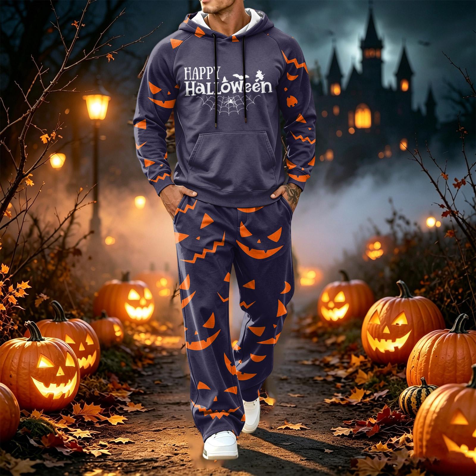 Men s Halloween Print Long Sleeve Hoodie and Jogger Pants 2-Piece Set XL