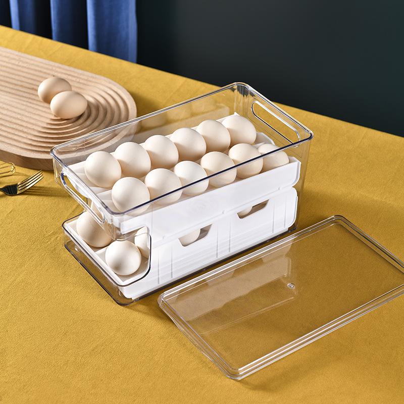 Stackable Double-Layer Slide-Out Egg Storage Box - Transparent, Shockproof, Quick-Freeze Refrigerator Organizer