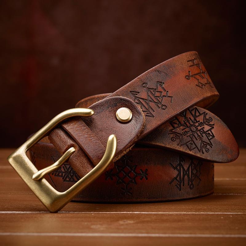Thickened Handmade Leather First Layer Cowhide Belt Men'S Retro Copper Buckle Embossed British Personality Men'S Belt Men'S