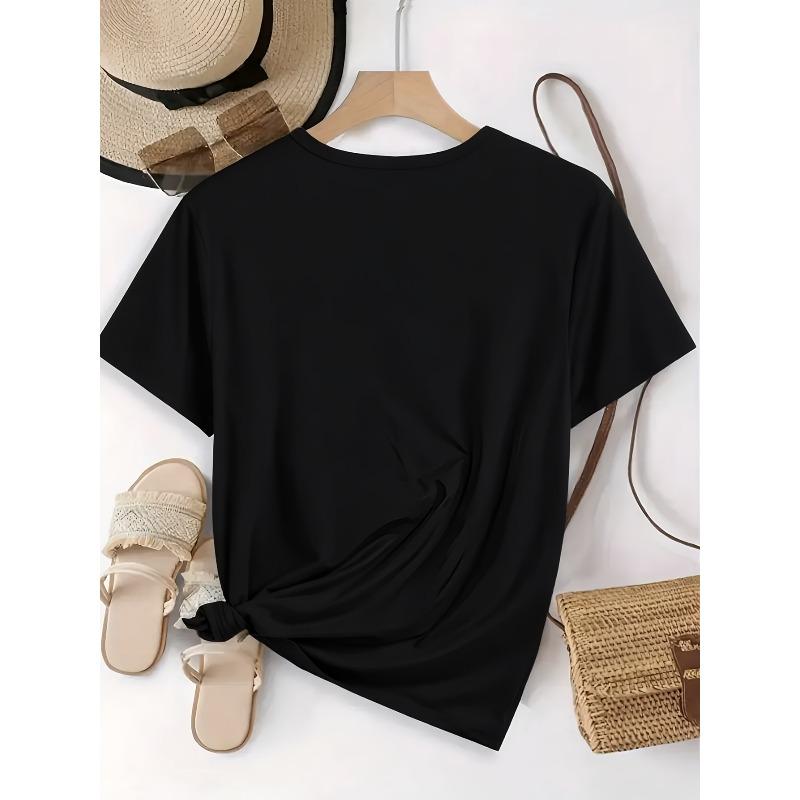 European Size Fashionable Letter Cartoon Print Women's Round Neck Pure T-shirt, Simple Design, Comfortable and Breathable, Versatile Essential