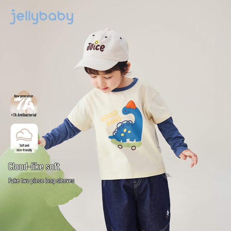 JELLYBABY Boys' Cartoon Spliced Sleeve Faux Two-Piece Long Sleeve T-Shirt