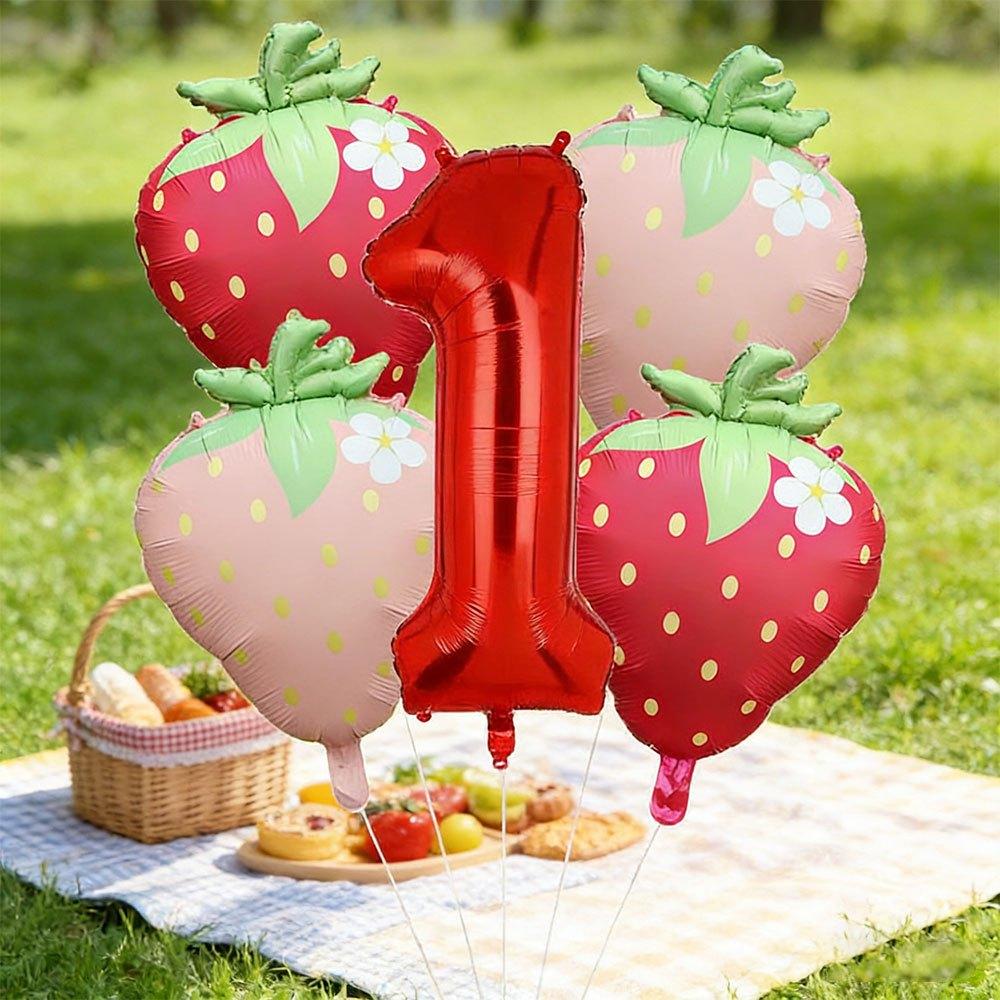 5pcs Red Pink Strawberry Balloons 32 Inch Number 1 Birthday Balloon Set 1st Celebrations Baby Shower Decoration Photo Props