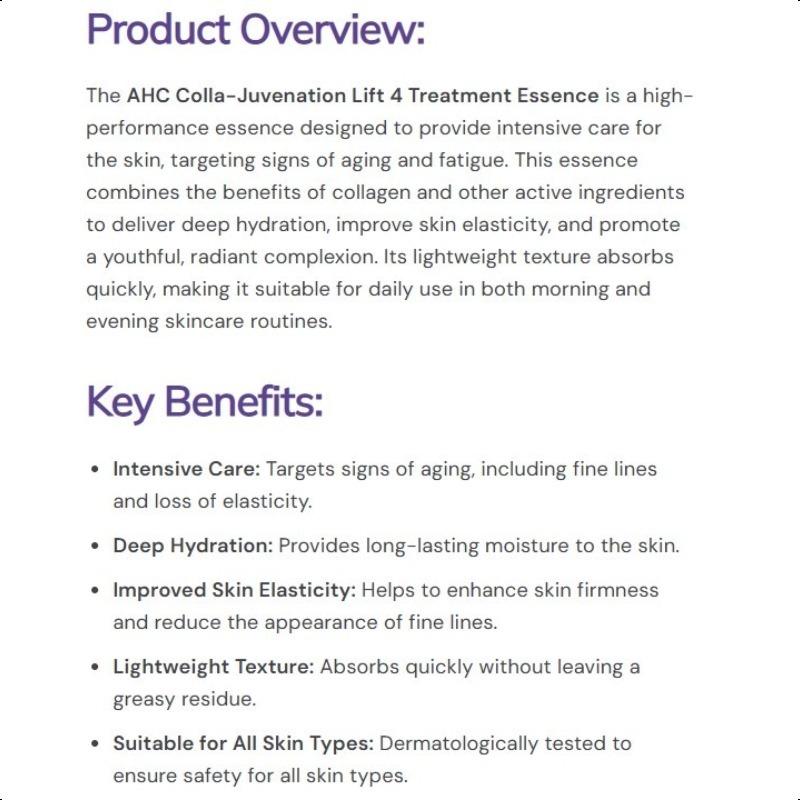 AHC Colla Juvenation Lift 4 Treatment Essence 130ml Elasticity Toner K-Beauty