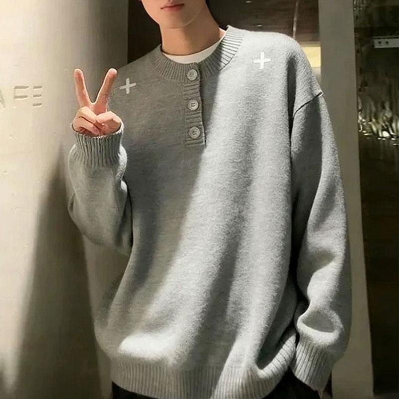 Stylish Embroidery American Knitted Pullovers Autumn Winter Round Neck Button Men's Clothing Solid Color Loose Casual Sweaters