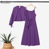 ZANZEA Women Long Sleeve Blouse and Dress Summer Two Piece Suit Sets
