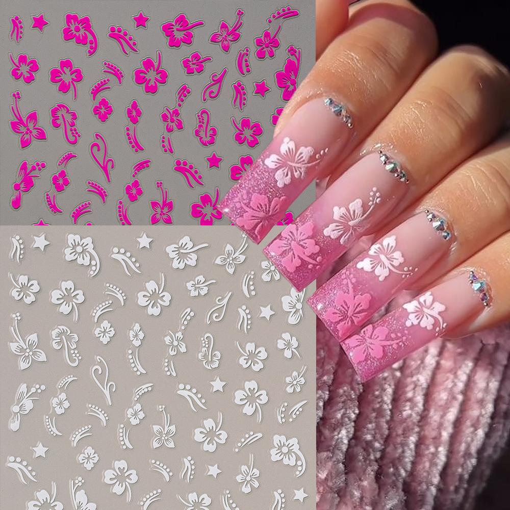 5D Hibiscus Flower Nail Embossed Sticker Lace Flower White Pink Petal Floral Self Adhesive Nail Art Slider DIY Elegant Romantic