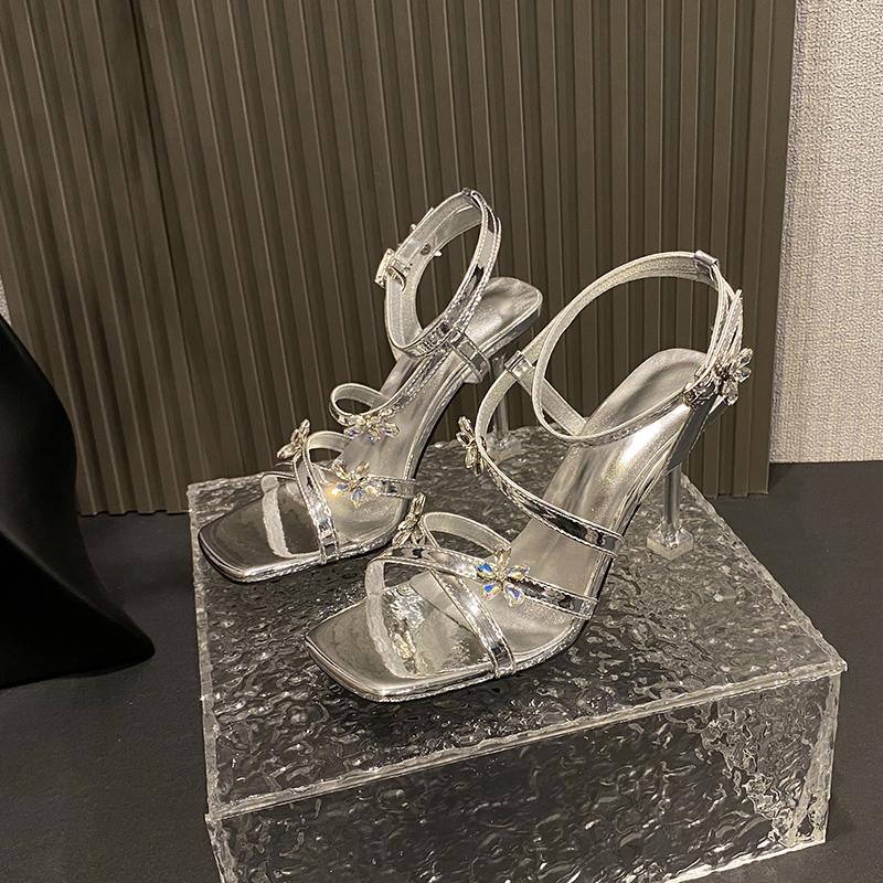 Rhinestone Flower One Strap High Heels Summer New Square Toe Open Toe Thin Strap Non-slip Wear-resistant Stiletto Sandals