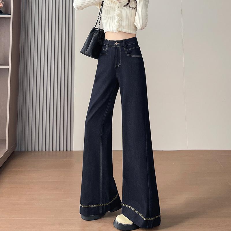 Spring & Autumn Women s Velvet Wide-leg Jeans with Embroidered Lace XS