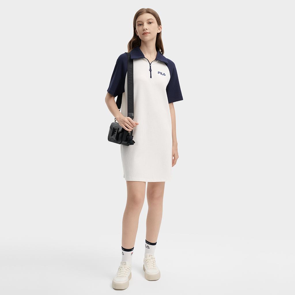 FILA Original Outdoor Casual Comfortable Polo Dress Women Dresses Cloud-Mushroom-White F11W439303FWT