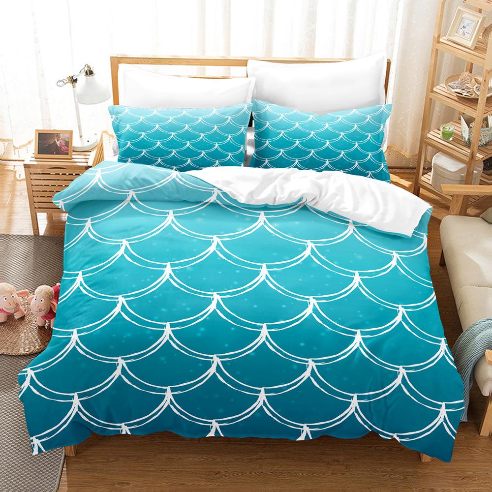 Laser Gradual Change Fish Scale 3D Digital Printing Three-Piece Set, Quilt Cover Pillowcase Home Textile Bed Sheet Kit
