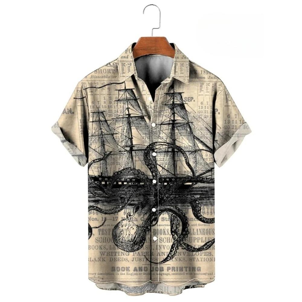 Vintage Button Up Shirt Man 3d Map Printed Short Sleeve Hawaiian Shirt Lapel Men's Clothing Casual Fashion Tops