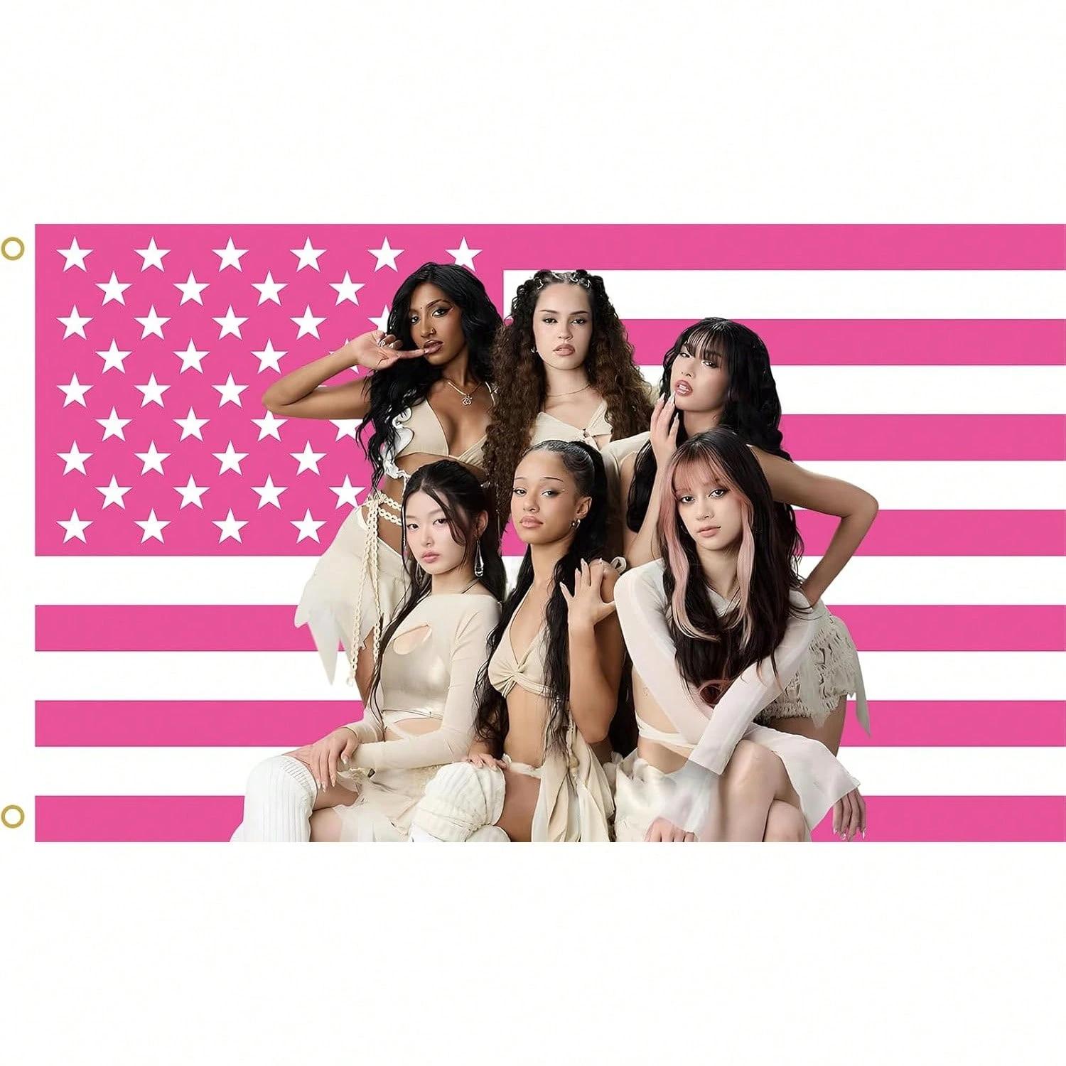 WENWELL Katseye Pink American Flag Tapestry Polyester Wall Hanging with Brass Grommets SingleSide Print for Bedroom  Studio 74x94cm(29x37in)
