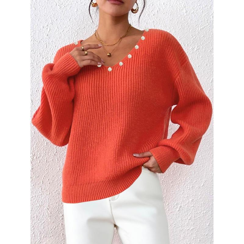 Autumn Winter Loose Casual Fashion Beading Sweater Women V-neck Solid Color All-match Pullover Knitting Top