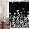 Black Floral Shower Curtain White Herbal and Wildflower Plant Vintage Waterproof Polyester Fabric Shower Curtain with Hooks