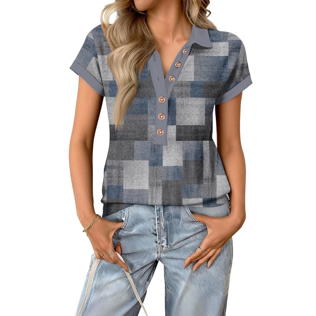 Women's Fashionable and Casual Summer V,neck Patchwork Short,sleeved Plaid Print Top