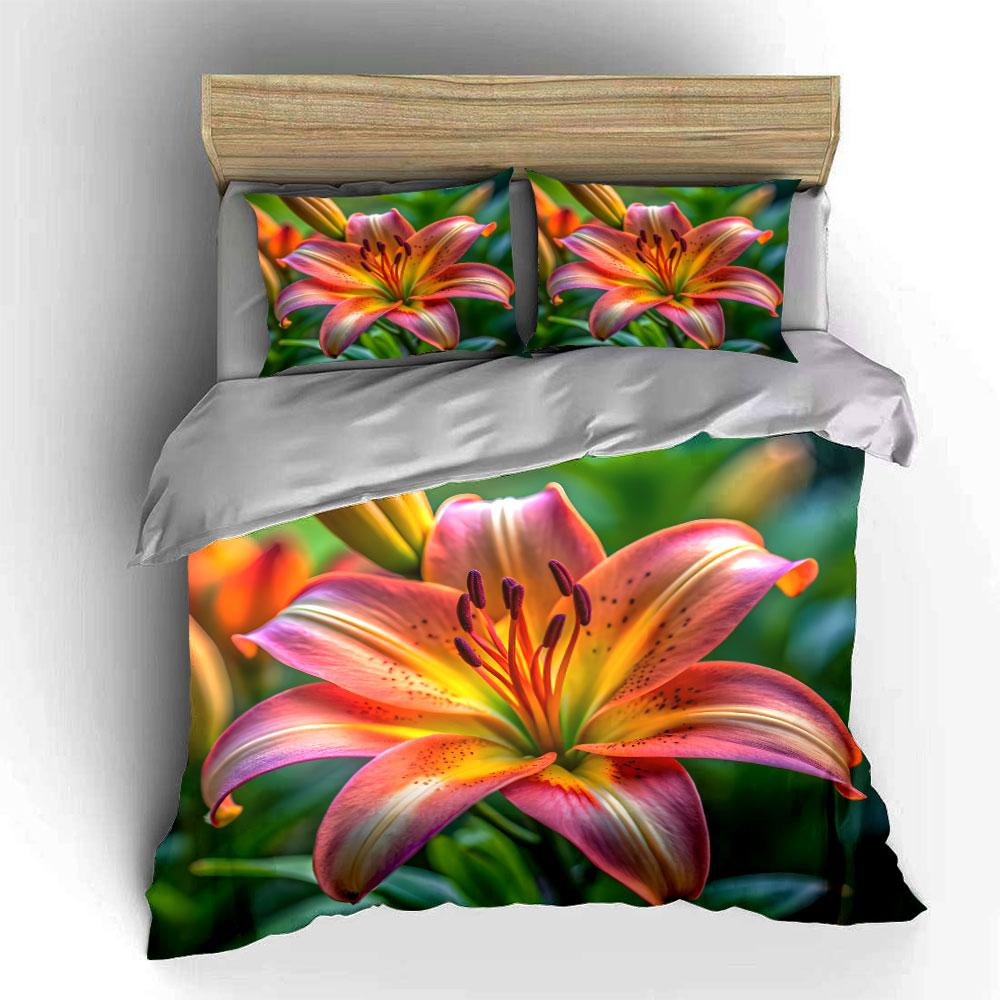 Lily Flower Decor Set Soft Comfortable Duvet Cover Bedding Set Included 1*Duvet Cover & 2*Pillowcases, Gift