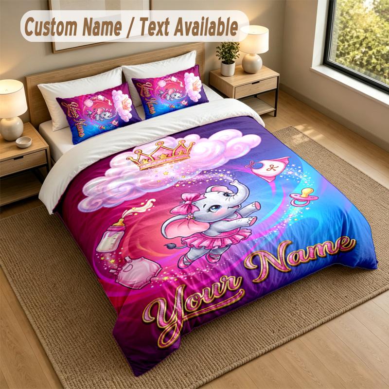 Elephant Theme Personalized 3Pcs Bedding Set Custom Text & Name 1 Sheet 2 Pillowcases Household Bedding 1pc