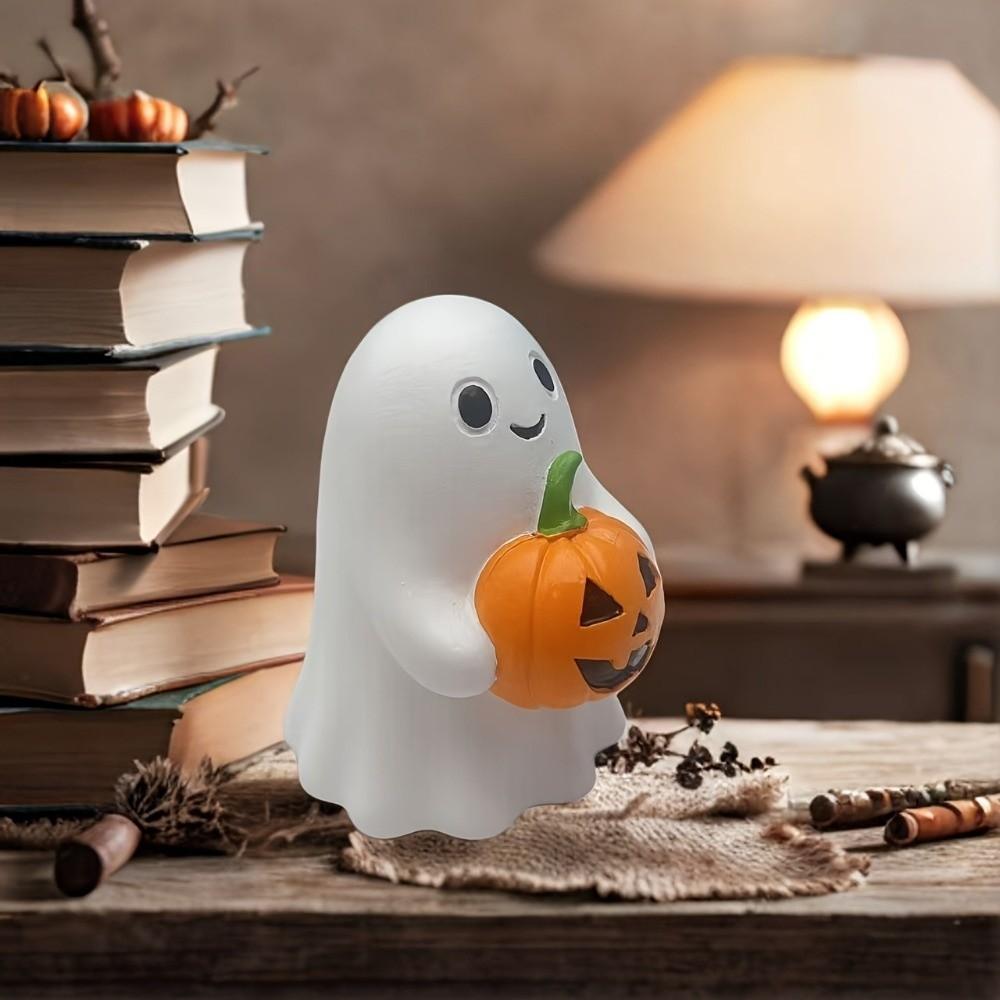 Cute Halloween Ghost Statue Resin Mini Pumpkin Ghost Figurine Realistic Holding Pumpkin Ghost Home Living Room Decor
