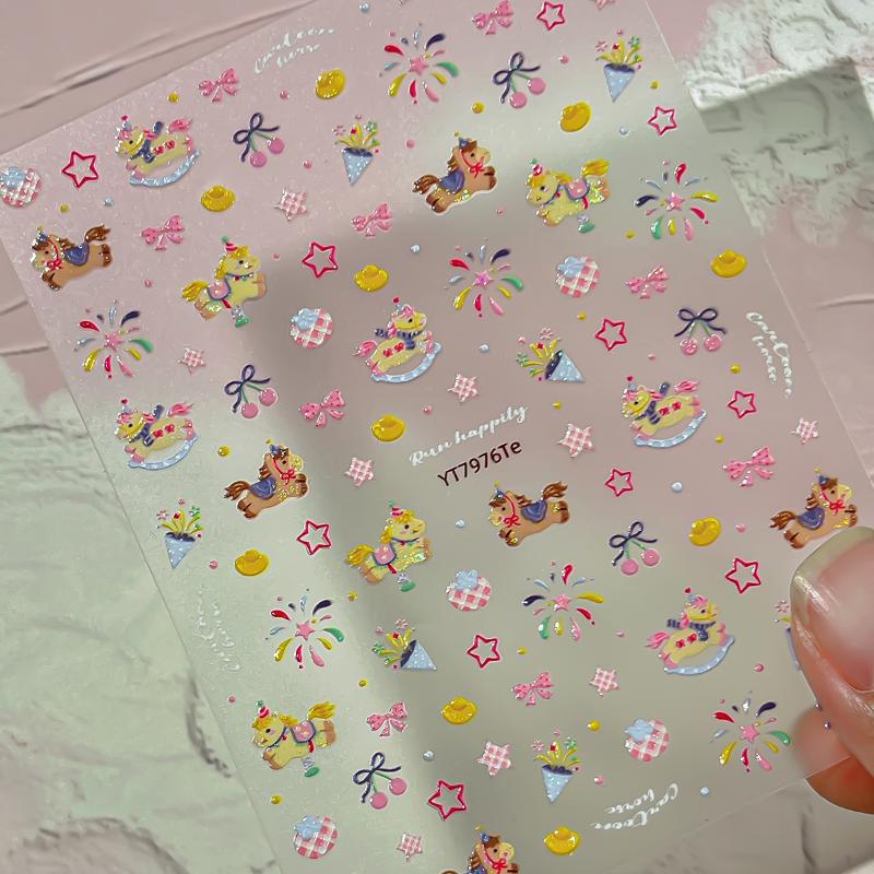 Cute Cartoon Pony New Year Firework Nail Stickers DIY Nail Art Decoration Year Of The Horse Manicure Accessories Decals