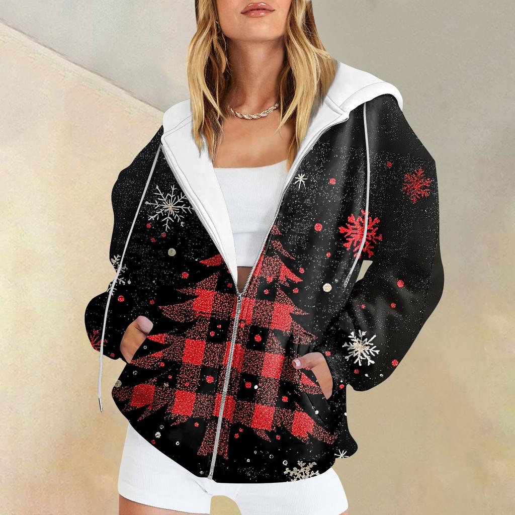 Women's Long Sleeve Christmas Print With Pockets Cardigan Zipper Hooded Sweatshirt Jacket