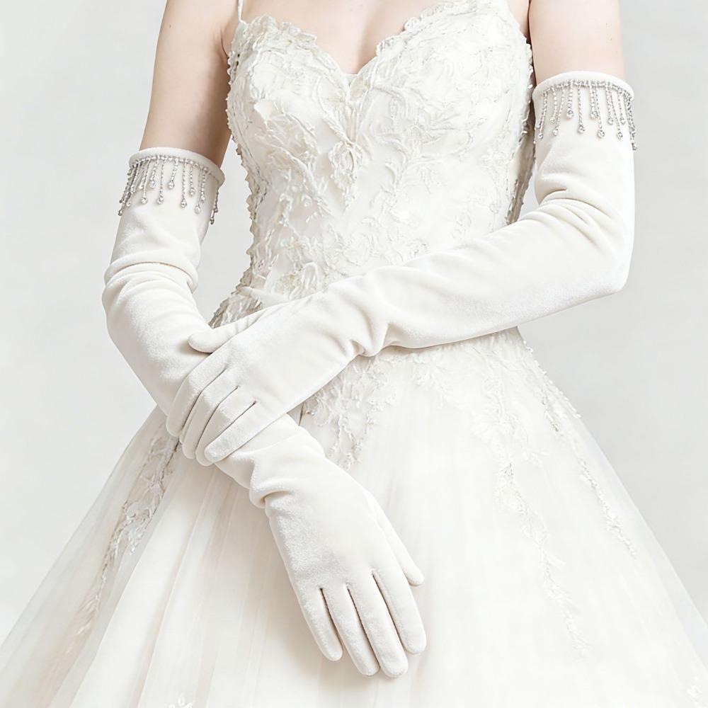Solid Color Velvet Long Gloves Rhinestone Tassel Evening Dress Gloves  Dress-Up  Accessories