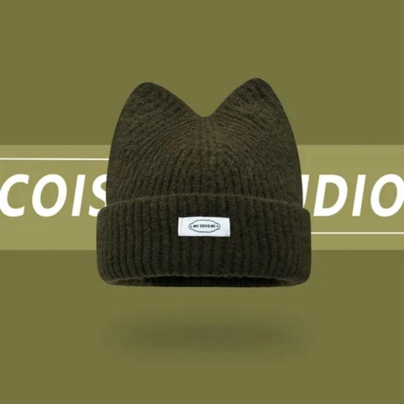

Корейская версия, новая вязаная шапка с милыми кошачьими ушками и надписью, женская осенне-зимняя утолщенная теплая универсальная простая шапка-бини 56-58cm