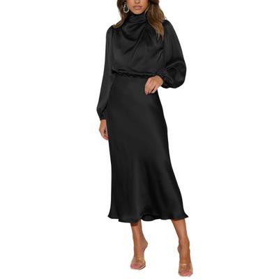 Women Dress Half-high Collar Satin Long Sleeve Out Lantern Solid Color Hollow Sleeve Tight Waist Evening Dress Wedding Cocktail Party