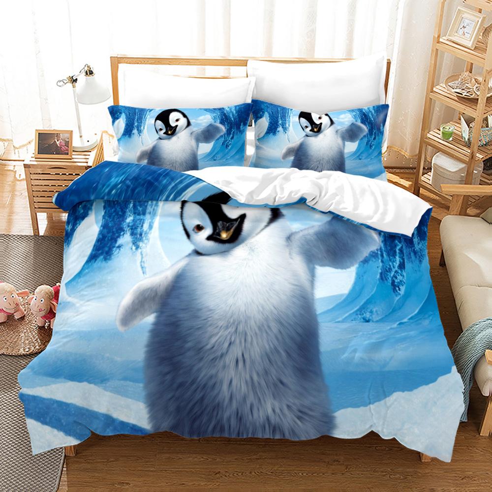 Antarctic Penguins Duvet Cover Set For Kid Girl Boy Cute Animals Polyester Comforter Cover Black White Print Bedspread King Size