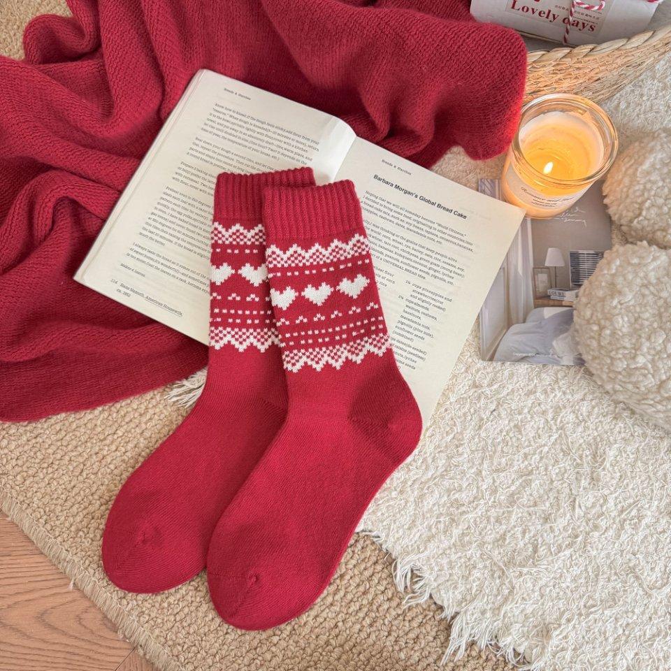 Wool Socks - Children's Autumn and Winter Red Thick and Warm Sleeping Socks, New Year Floor Stockings