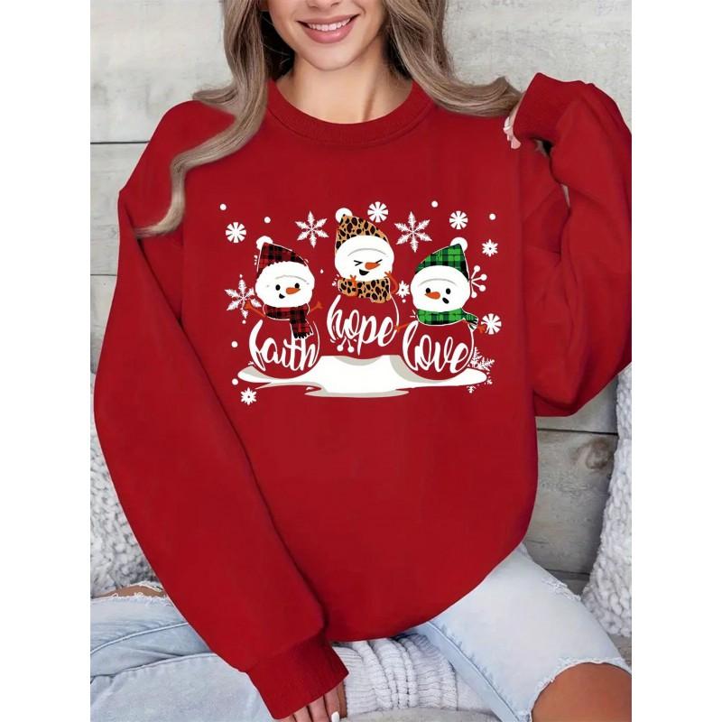 Christmas Snow Print Crew Neck Sweatshirt Women Loose Fit Casual Long Sleeve Top